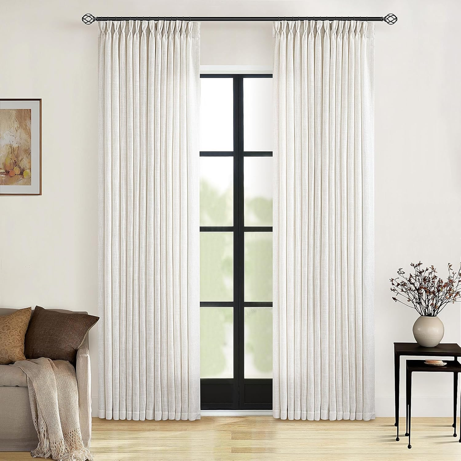 90 Inch Pinch Pleated Linen Textured Curtains 2 Panels, Natural | Amazon (US)