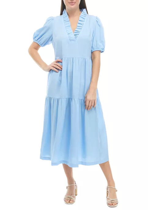 Women's Puff Sleeve Ruffled V-Neck Midi Dress | Belk
