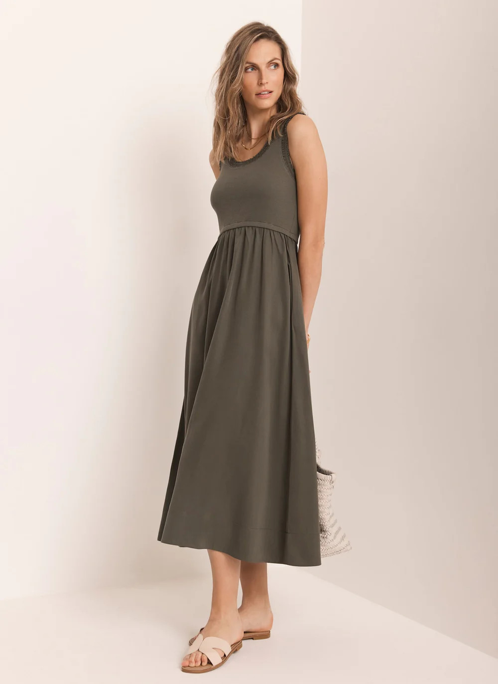 Khaki Ruched Trim Cotton Midi Dress | Mint Velvet