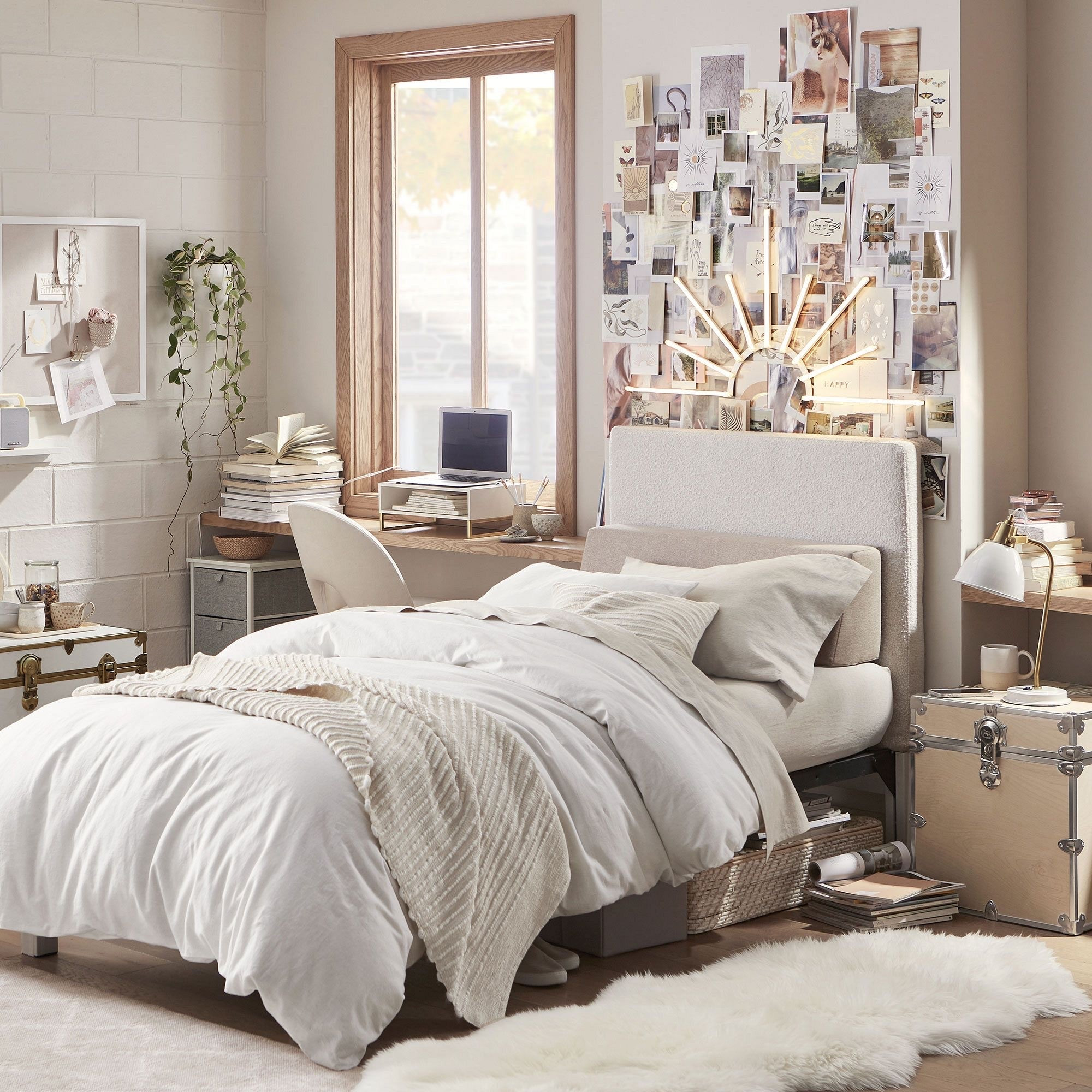 Teen bedroom and dorm room ideas. Neutral aesthetic, upholstered bed, desk, office chair, wall art, night stand, girls room, bedding, Amazon home, Pottery Barn style, flush mount light, ceiling light, modern, minimalist, transitional, area rug

#LTKhome #LTKsale #LTKkids