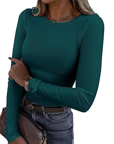 Roselux Womens Long Sleeve Stretch Crewneck Ribbed T-Shirt Fitted Casual Basic Tops | Amazon (US)