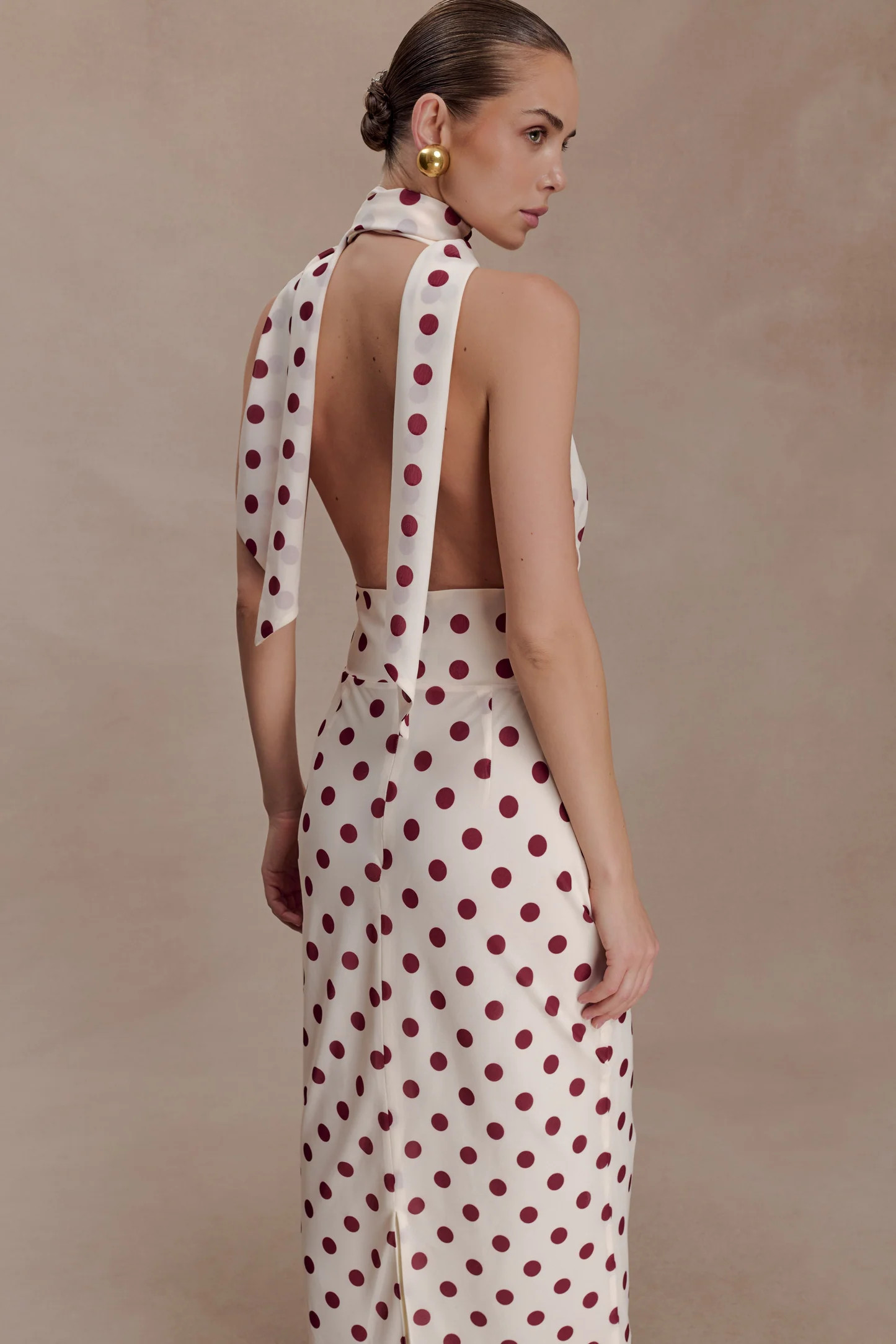 Nadine Halter Chiffon Maxi Dress - Ivory/Merlot Polka Dot | Meshki UK