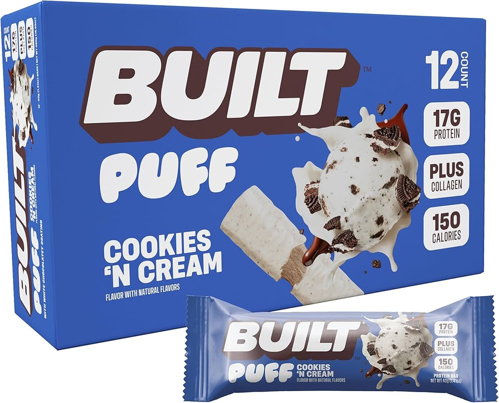 Built Bar, Puff Protein Bars, Cookies 'N Cream Puff, 17g Protein Snacks, On-The-Go Bars, Only 140... | Amazon (US)