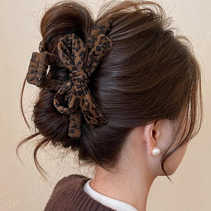 Brown Leopard Print Bow Hair Claw Clip Autumn Winter Fuzzy Claw Clips for Women Thick Hair Claws ... | Amazon (US)