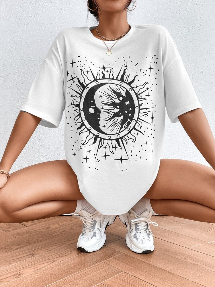 Sun & Moon Print Drop Shoulder Tee | SHEIN