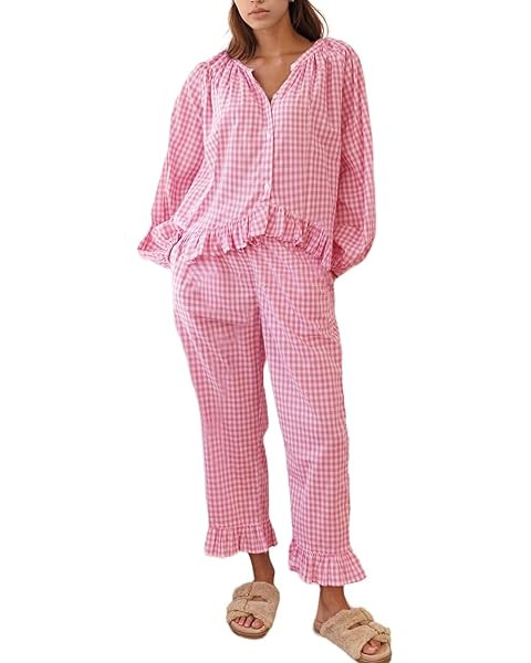 Womens Gingham Pajama Set 2 Piece Short Sleeve Babydoll Shirt and Pants Lounge Set Cute Sleepwear | Amazon (US)