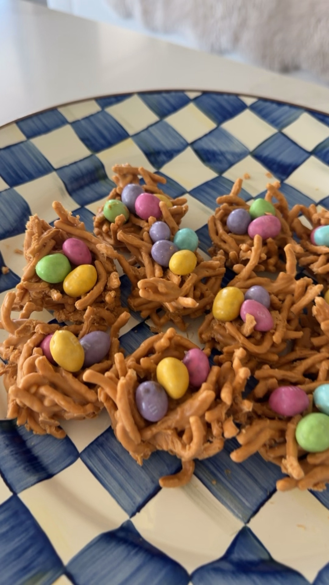 Butterscotch & Peanut Butter Bird Nests 🪺 
Recipe:
3/4 cups butterscotch chips
1/2 cup smooth peanut butter
2 cups chow mein noodles
1/4 cup chocolate eggs

Melt butterscotch chips with peanut butter.
Pour into large bowl over chow mei  noodles and stir.
Fill up each compartment of muffin tray & cool for 10 minutes.
Add eggs on top.
Makes 12

#LTKfoodie #LTKSeasonal #LTKOver40