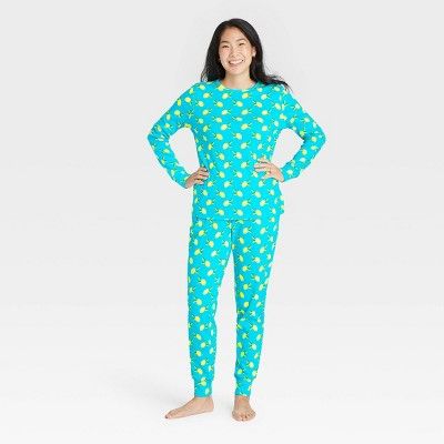 Women's Lemon Print 100% Cotton Matching Family Pajama Set - Blue | Target