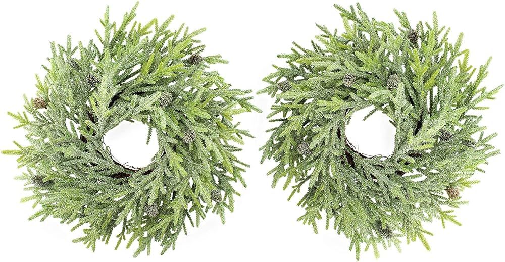 AuldHome Artificial Christmas Wreaths (2-Pack, 15-Inch); Evergreen Flocked Greenery with Pinecone... | Amazon (US)
