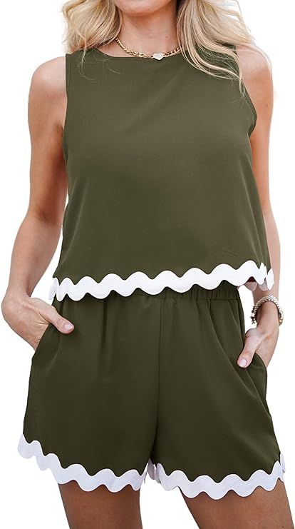 CCTOO Women's 2024 Summer Outfits: Two Piece Suits Linen Crew Neck Tank Crop Top and Wide Leg Sho... | Amazon (US)