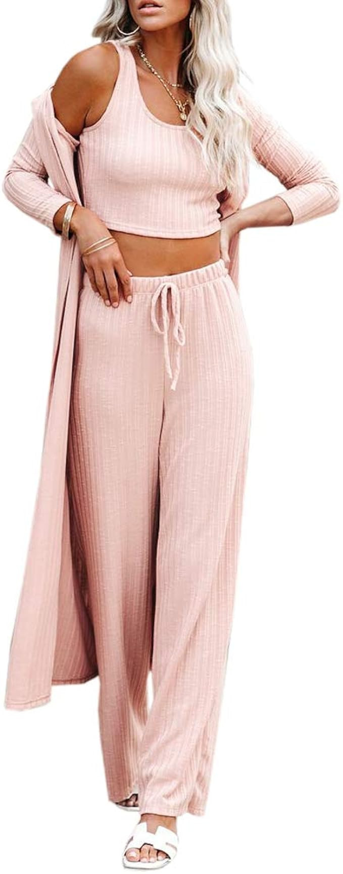 Womens Pajamas Set Fall 3 Piece Loungewear Set Crop Vest Top Loose Pants and Cardigan Knitwear Ju... | Amazon (US)