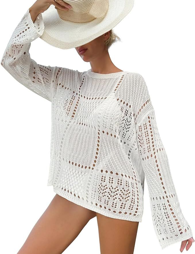 Crochet Cover Up Hollow Out Drop Shoulder Cover-ups Knit Long Sleeve Beach Dress for Women | Amazon (US)