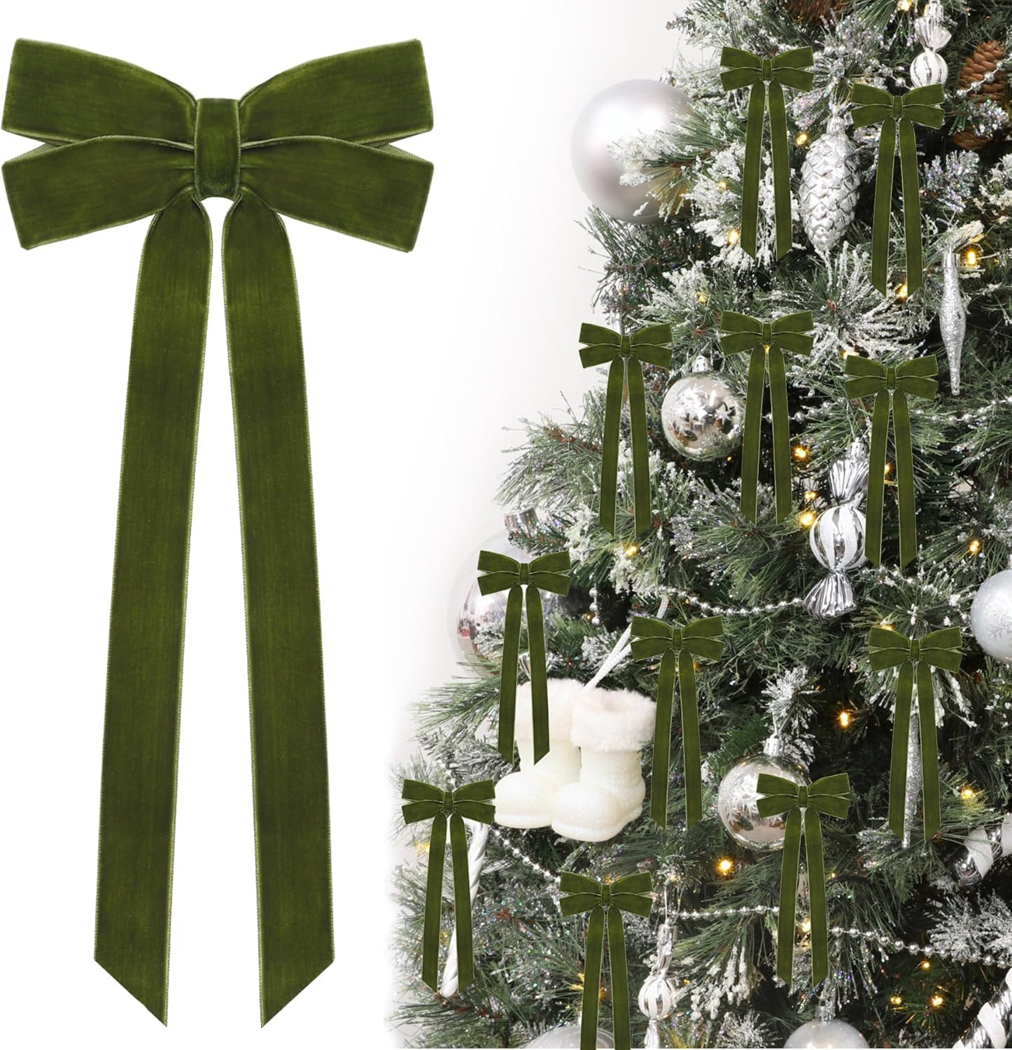 12Pcs Green Velvet Ribbon Bows Christmas Tree Decorations,5in x 10in Xmas Ornaments for Tree Home... | Amazon (US)