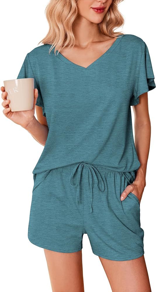 Ekouaer Women's Pajamas Set Ruffle Sleeves Sleepwear V Neck Comfy 2 Piece Pjs Loungewear Set with... | Amazon (US)