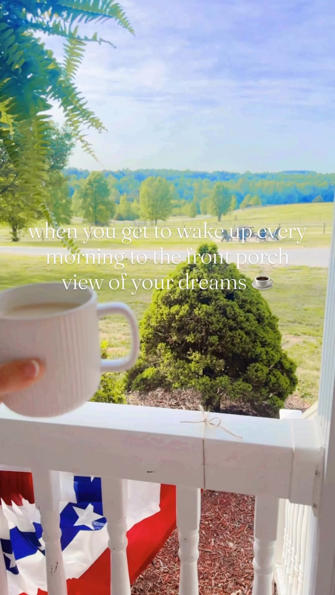 still can’t believe this is real life, y’all 🤭 - the morning coffee ☕️ views of my dreams!!! 💭🇺🇸🐴🌼🌾🚜🪻🏡 #countryfrontporch #countryfrontporchviews #farmsweetfarm #farmhouseliving #countryliving 