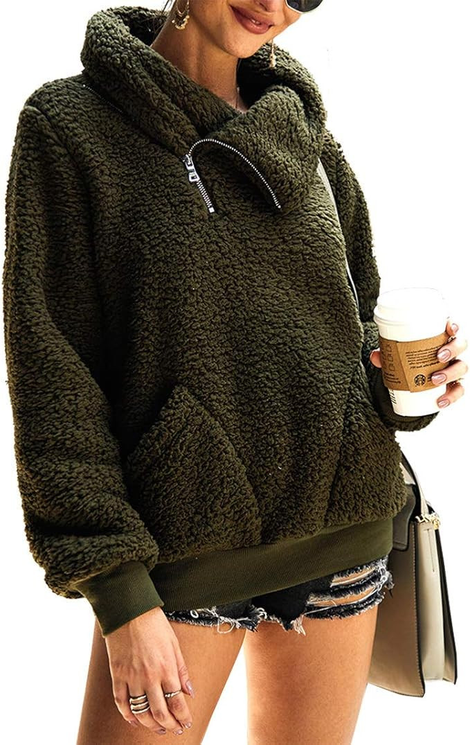 KIRUNDO 2020 Women’s Winter Lapel Sweatshirt Faux Shearling Shaggy Warm Leopard Pullover Zipped... | Amazon (US)