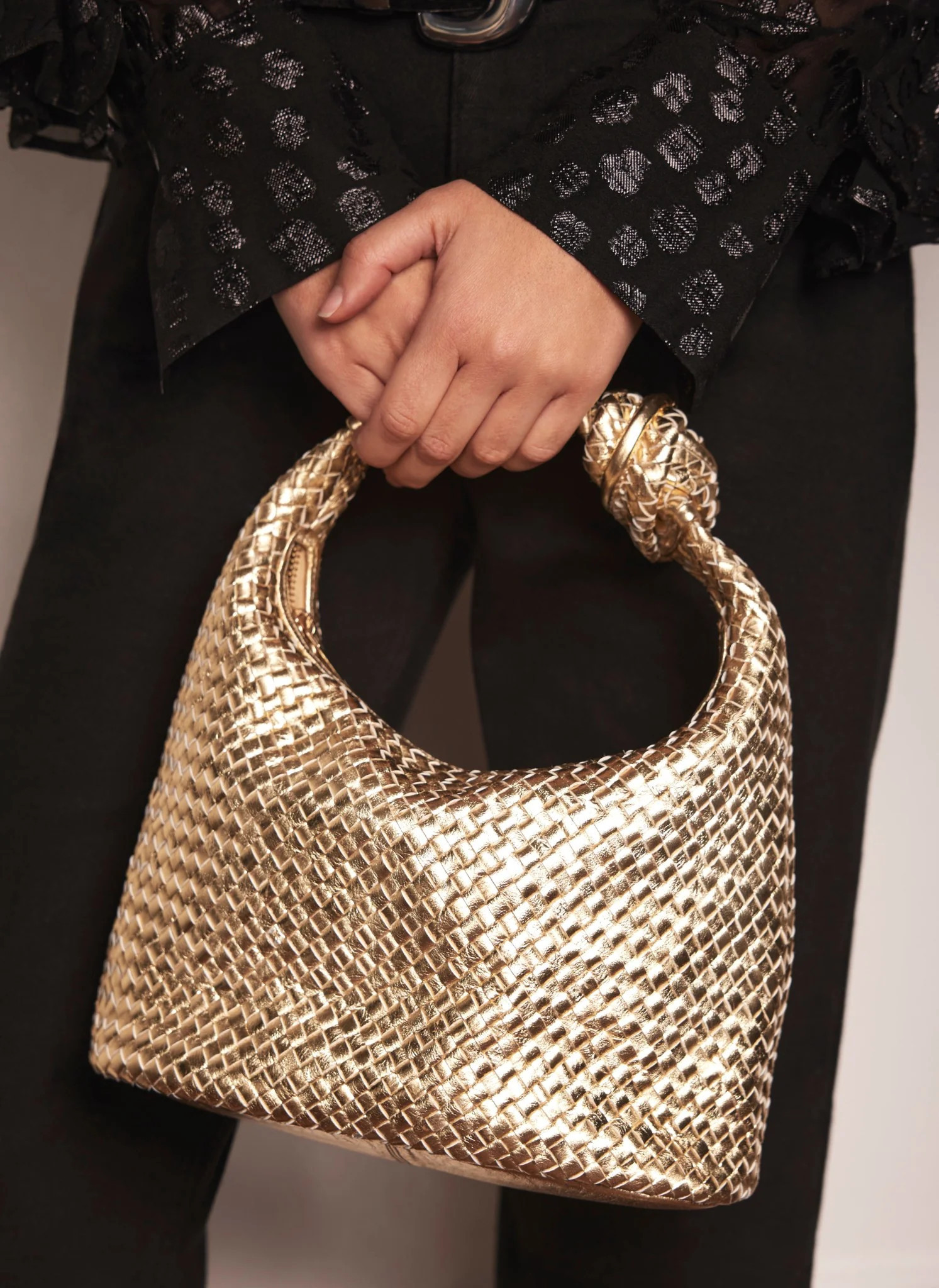 Gold Leather Woven Knot Handle Bag | Mint Velvet