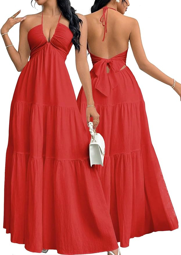 Narecte Women's Maxi Summer Dresses Halter V Neck Beach Dresses for Women A-Line Casual Dress for... | Amazon (US)