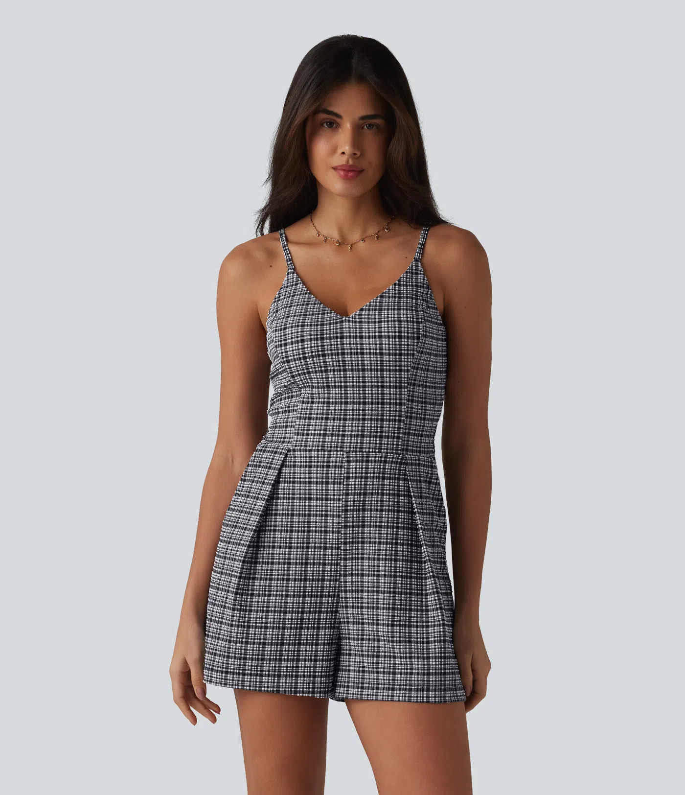 V-neck Sleeveless Plaid Crinkle Quick Dry Resort Romper with Pockets-Easy Peezy | HALARA
