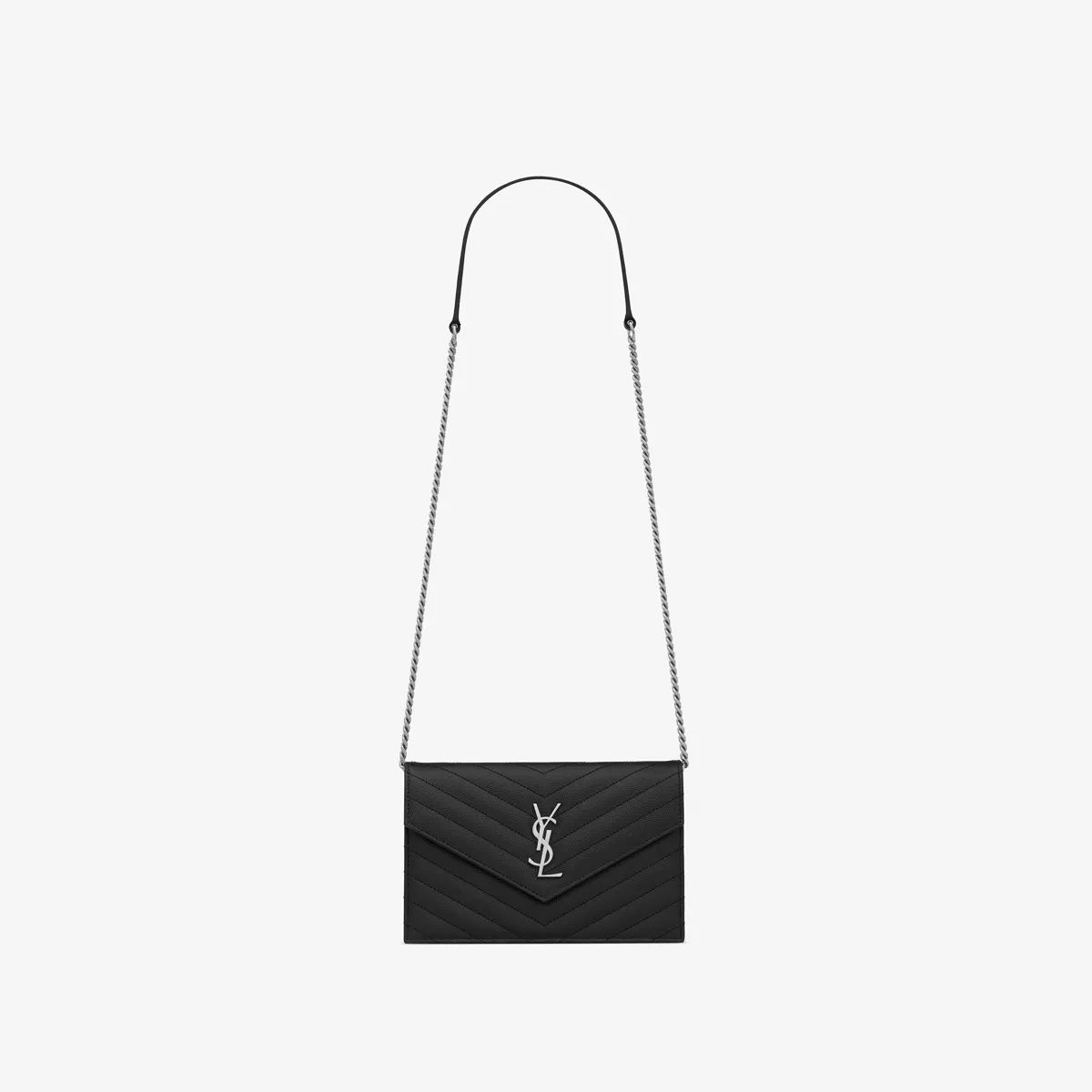 Cassandre Saint Laurent Matelassé Envelope Chain Wallet In Grain De Poudre Embossed Leather Black On | Saint Laurent Inc. (Global)