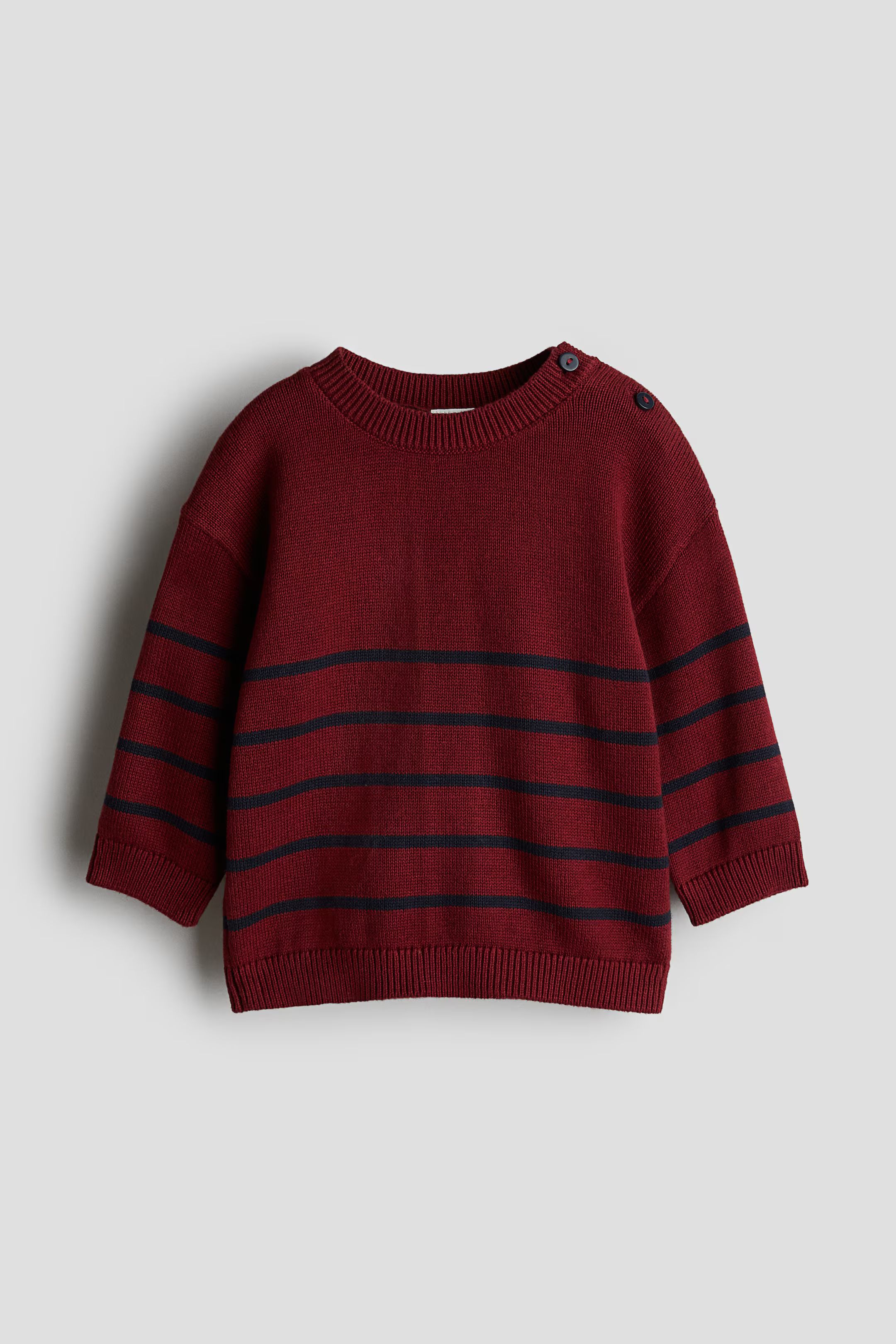 Cotton Knit Sweater - Round Neck - Long sleeve - Dark red/striped - Kids | H&M US | H&M (US + CA)