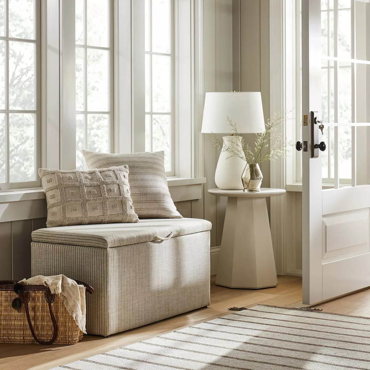 Lynwood Storage Bench Tan Striped - Threshold™ designed with Studio McGee: Upholstered Rectangu... | Target