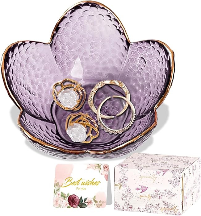 Purple Flower Jewelry Dish Glass Ring Holder Dish Jewelry Tray Cute Vanity Organizer Aesthetic Ni... | Amazon (US)