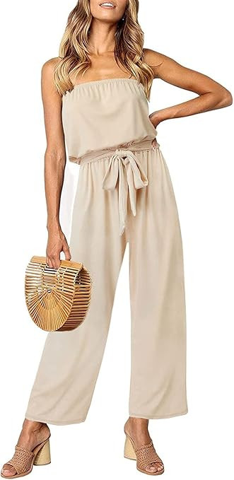 ZESICA Women's Casual Off Shoulder Solid Color Strapless Belted Wide Leg Jumpsuit Romper | Amazon (US)