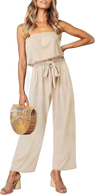 ZESICA Women's Casual Off Shoulder Solid Color Strapless Belted Wide Leg Jumpsuit Romper | Amazon (US)