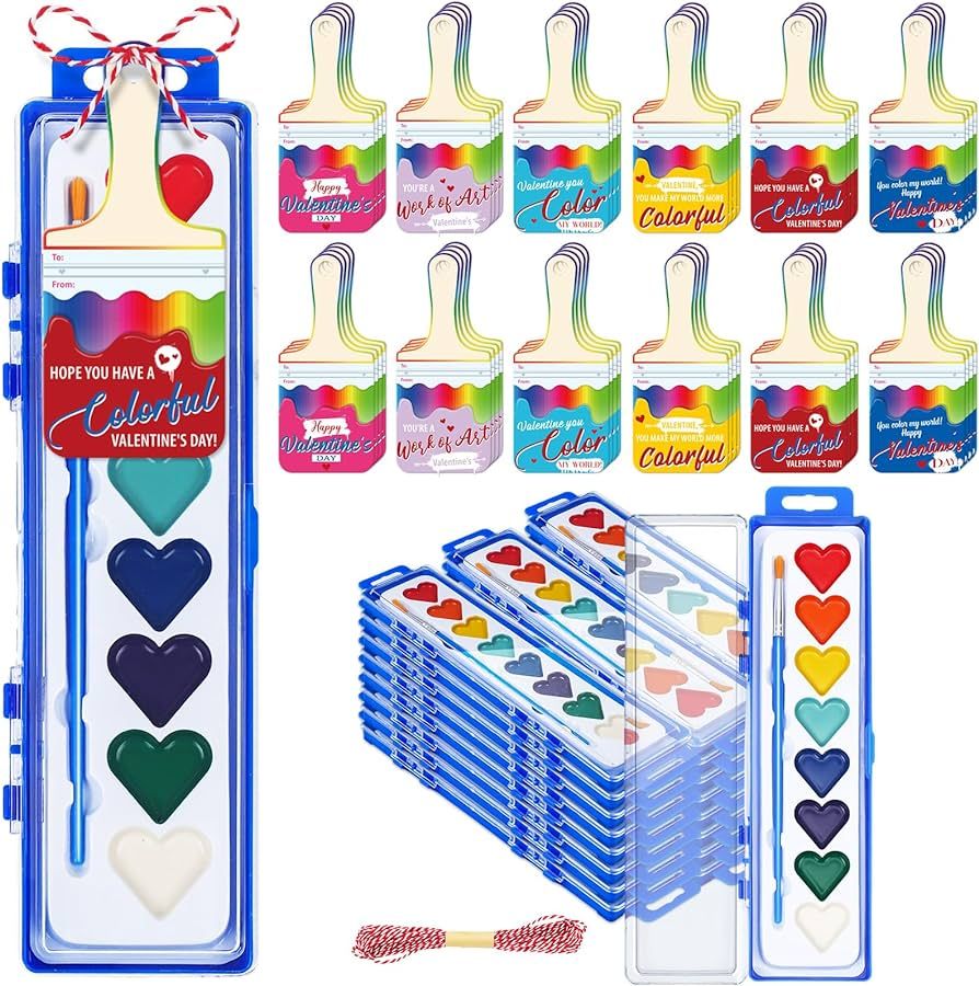 Patelai 48 Sets Valentines Painting Gifts for Kids Valentines Cards with Watercolor Paint Bulk Va... | Amazon (US)