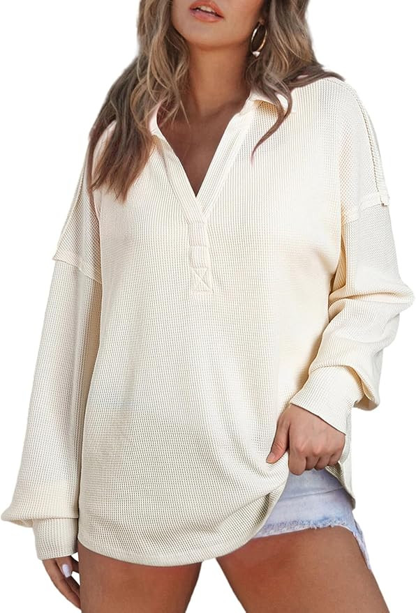 AlvaQ Womens Oversized Sweatshirt Loose V Neck Long Sleeve Lapel Collared Waffle Knit High Low Pu... | Amazon (US)