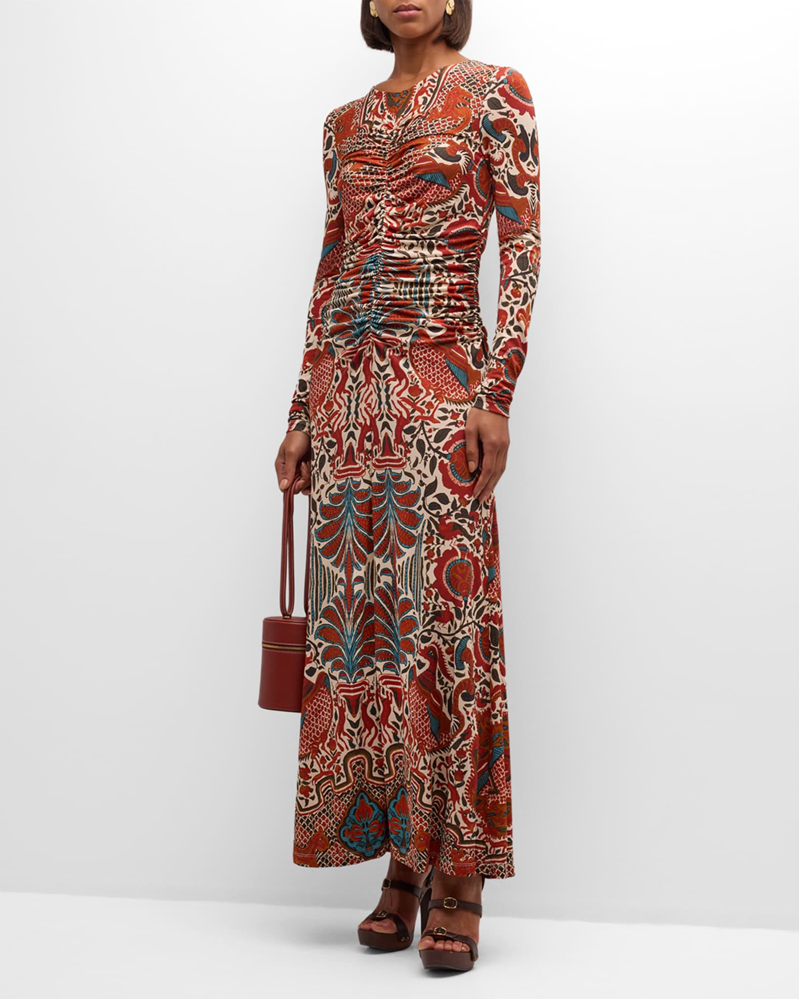 Maisy Long-Sleeve Floral Ruched Midi Dress | Neiman Marcus