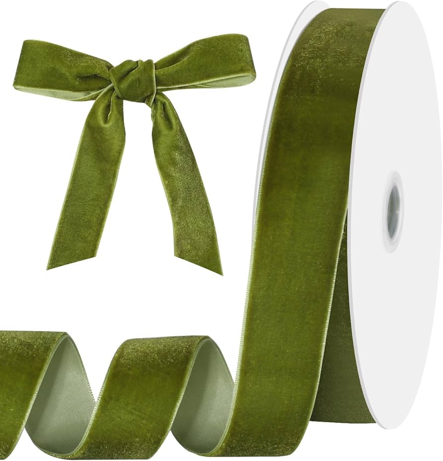 Olive Green Velvet Ribbon 1 Inch 25 Yards Christmas Green Velvet Fabric Vintage Ribbons for Gift ... | Amazon (US)