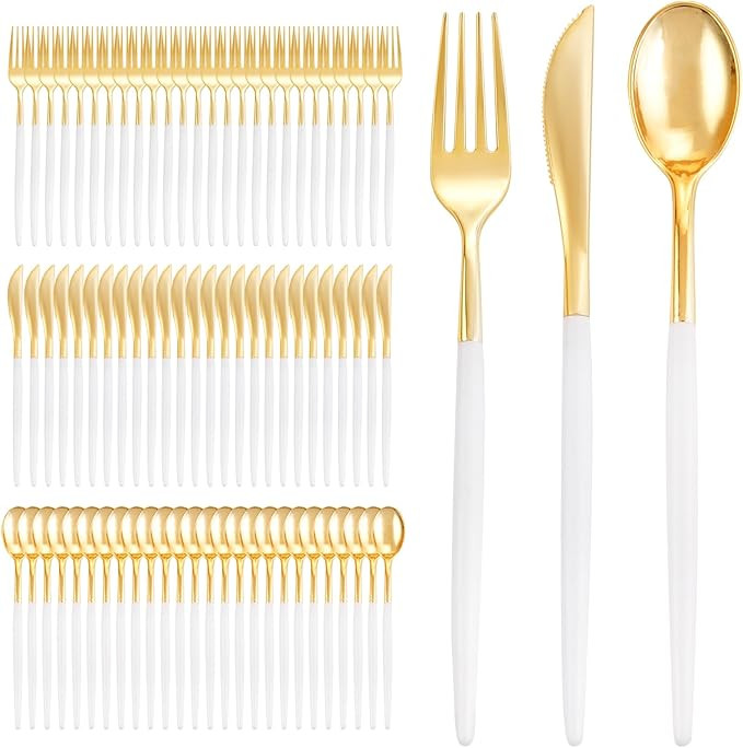 I00000 300 Pcs Gold Plastic Silverware - Gold Disposable Silverware - Premium White Cutlery Set I... | Amazon (US)