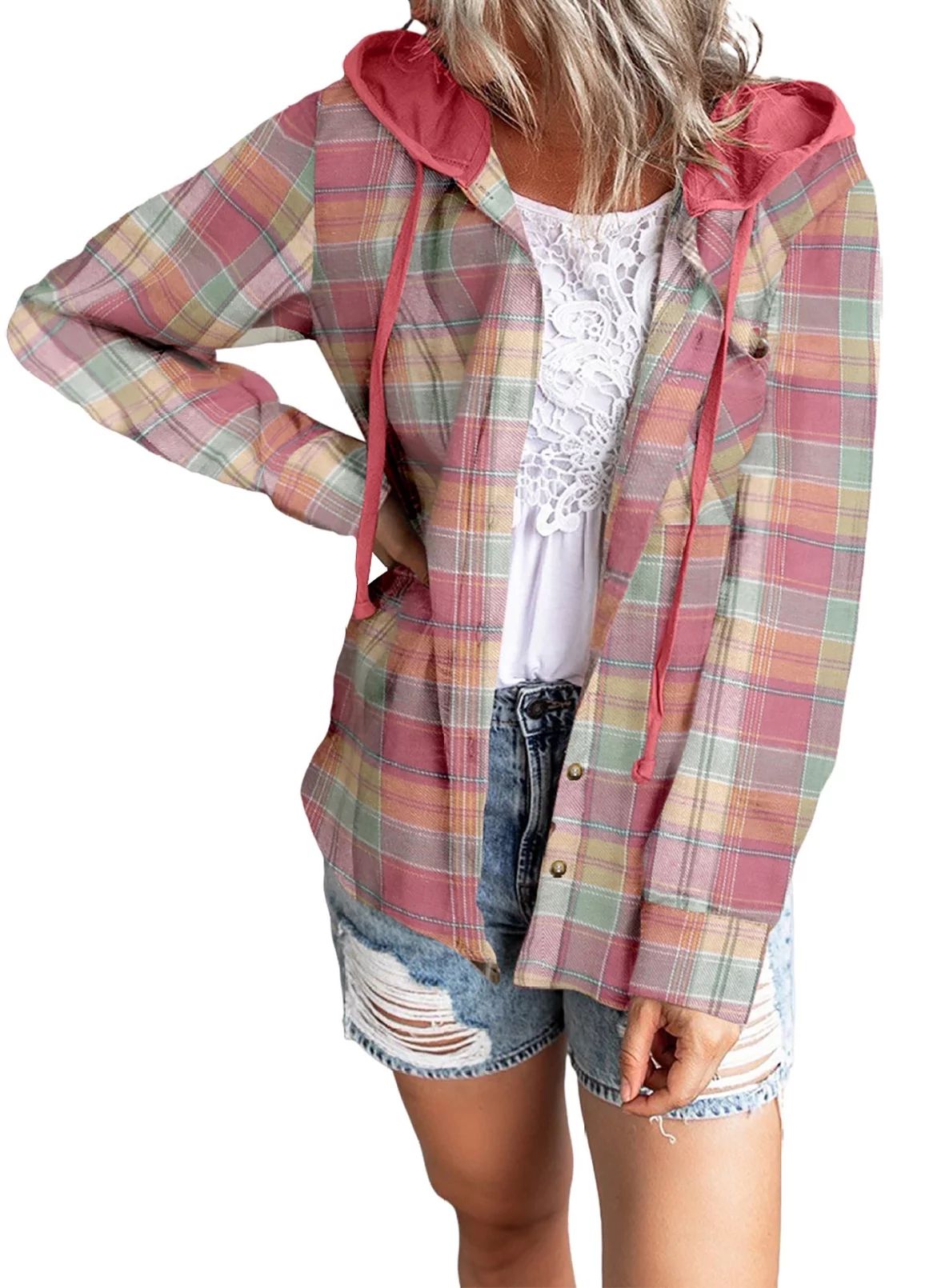 Eytino Womens Long Sleeve Plaid Hoodie Jacket Button Down Casual Blouse Shirts Tops - Walmart.com | Walmart (US)
