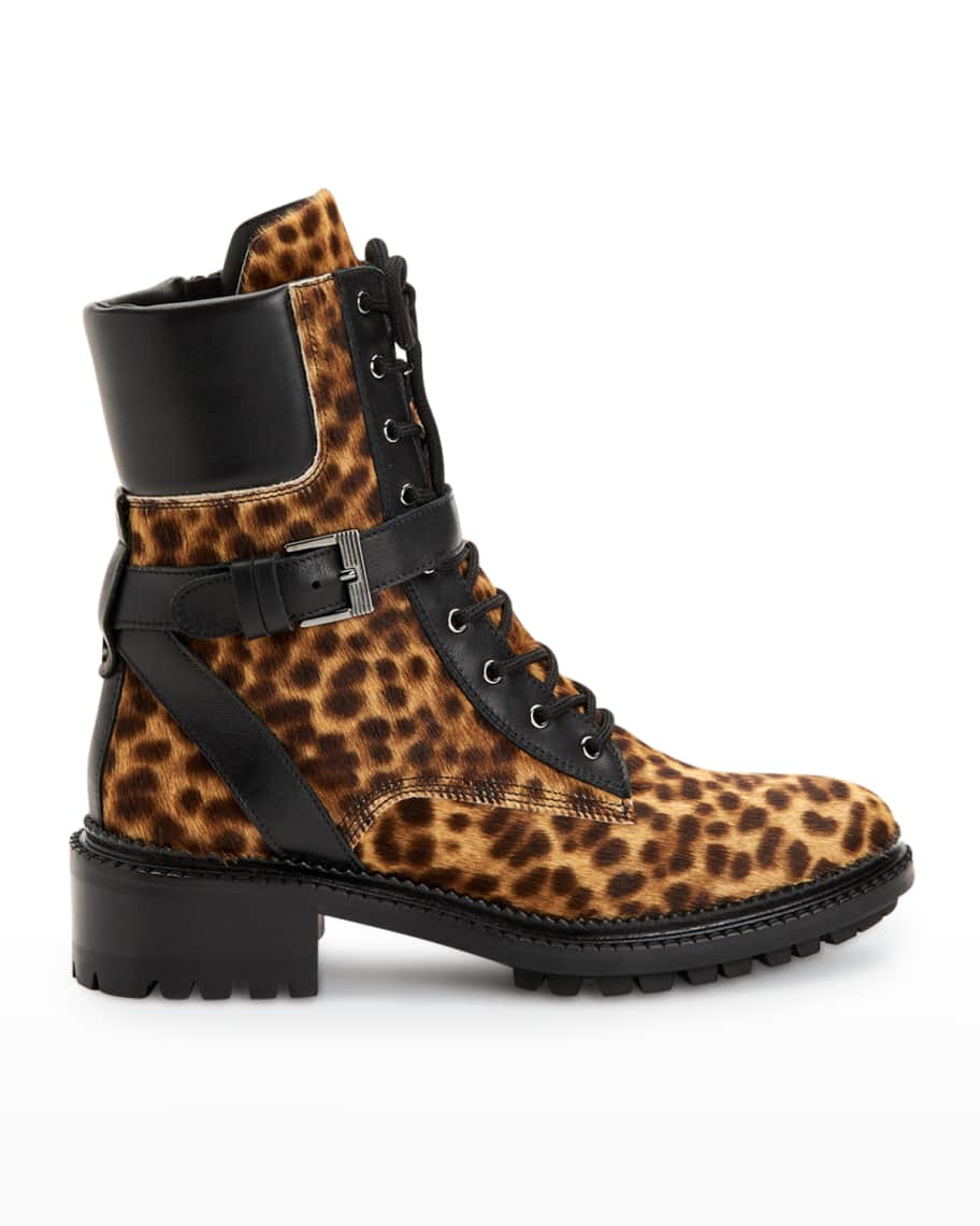 Aquatalia Octavia Leopard-Print Buckle Combat Booties | Neiman Marcus
