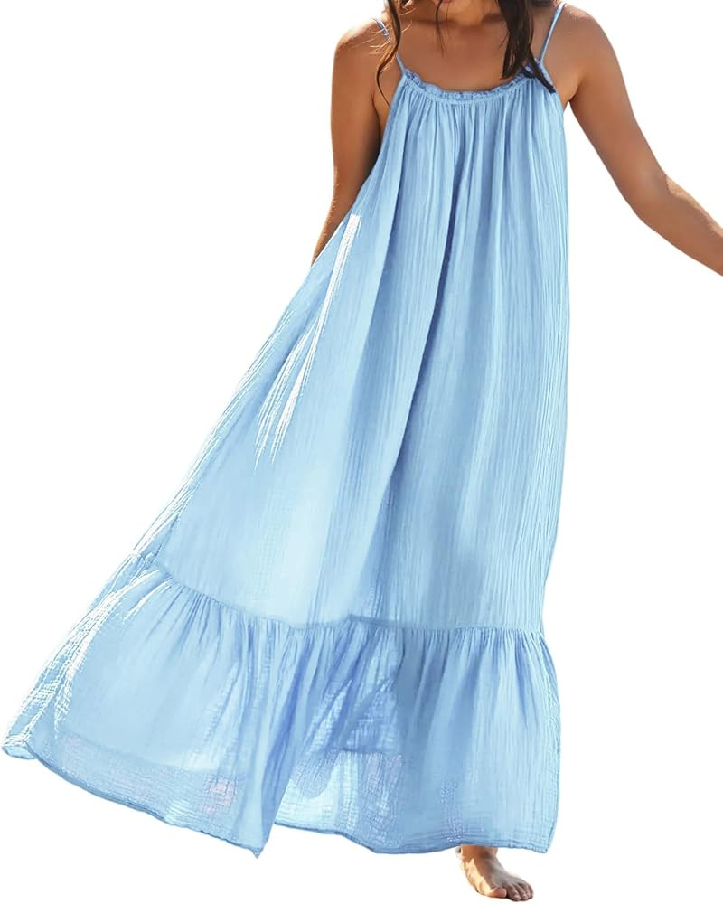 R.Vivimos Women's Summer Cotton Maxi Dress Adjustable Spaghetti Strap Boho Casual Backless Ruffle... | Amazon (US)