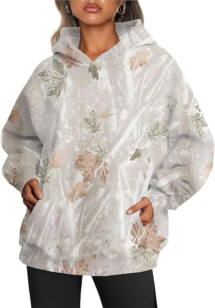 Women's Camo Hoodie Maple-Leaf Print Oversized Sweatshirt Fleece Hooded Sweatshirts with Pocket C... | Amazon (US)