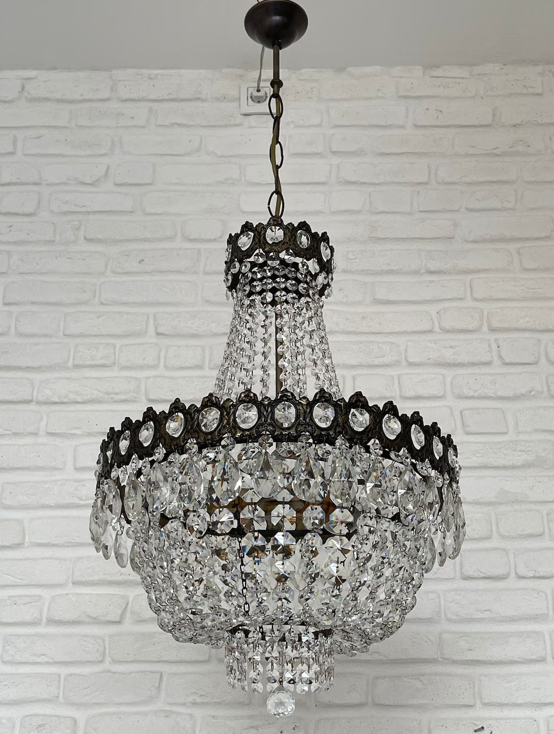 Antique Vintage Brass & Crystals French Empire LARGE Chandelier Ceiling Light Pendant Lighting Gl... | Etsy (US)