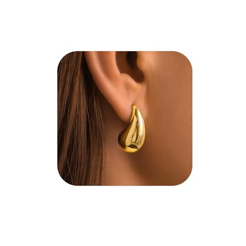 Poxtex 14K Gold Hoop Earrings for Women, Teardrop Chunky Thick Gold Statement Earrings, Trendy Lightweight Hypoallergenic Drop Earrings for Women Gifts, Dainty Tarnish Free Gold Jewelry | Amazon (US)