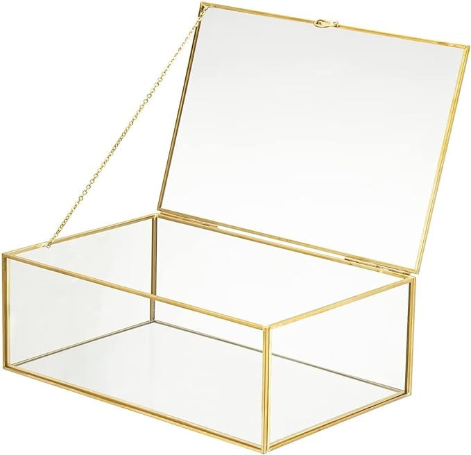 WHSLILR 10.8” Glass Jewelry Box Gold Card Box with Hinged Lid, Gold Keepsake Box for Storage We... | Amazon (US)