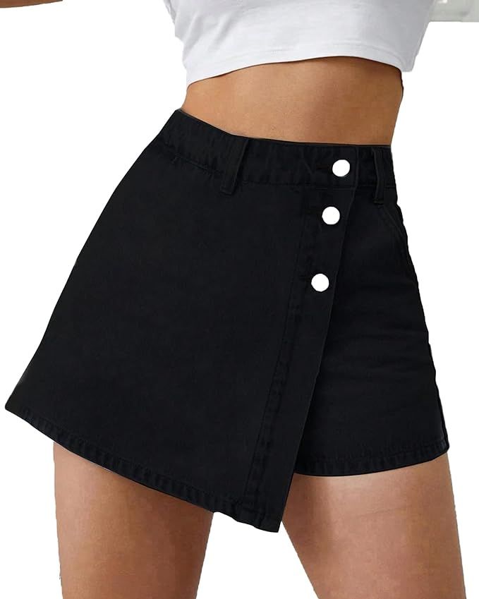 Flvsun Denim Shorts Women Casual High Waisted Solid Button Up Asymmetrical Denim Jean Skort Skirt... | Amazon (US)