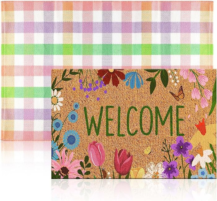 2 Pcs Spring Coir Doormat Outdoor Flower Welcome Outdoor Rug Front Porch Mats Layered Colorful Pl... | Amazon (US)