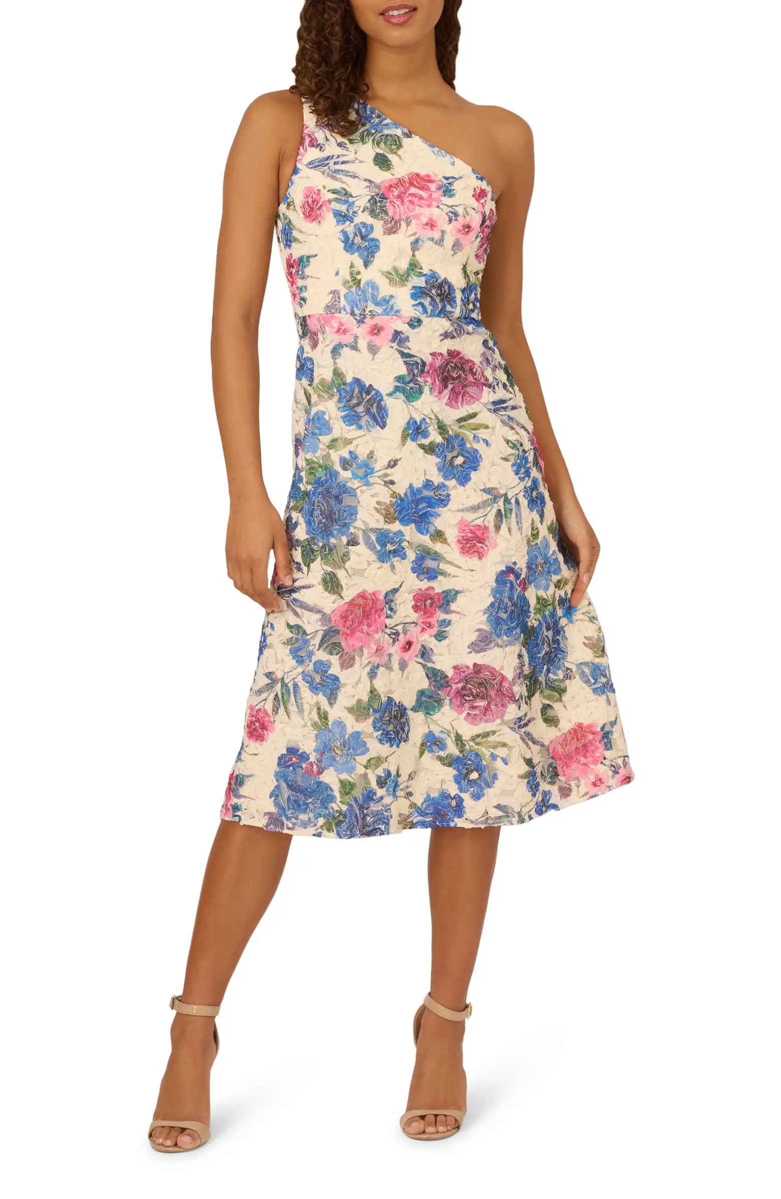 Adrianna Papell Floral Soutache Lace One-Shoulder Fit & Flare Midi Dress | Nordstrom | Nordstrom