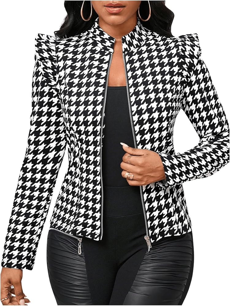 MakeMeChic Women's Houndstooth Blazer Mock Neck Full Zip Ruffled Jacket Long Sleeve Outerwear Coa... | Amazon (US)