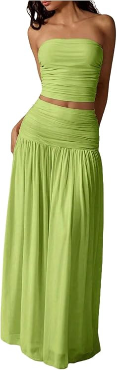 Verdusa Women's 2 Piece Sets Summer Skirt Set Brunch Vacation Outfits Ruched Strapless Bandeau To... | Amazon (US)