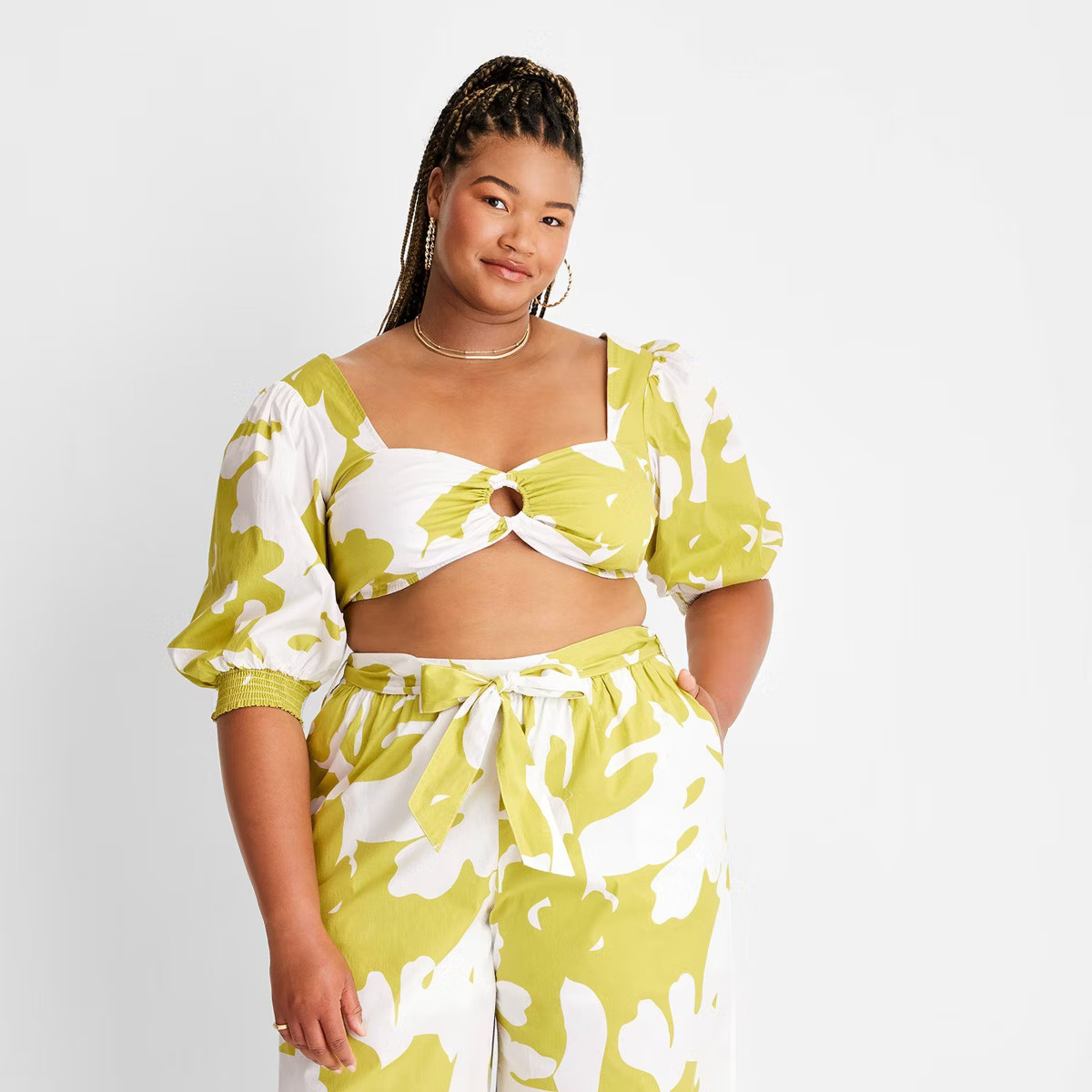 Women's Puff Elbow Sleeve Cut Out Crop Top - Future Collective™ with Alani Noelle White/Olive F... | Target