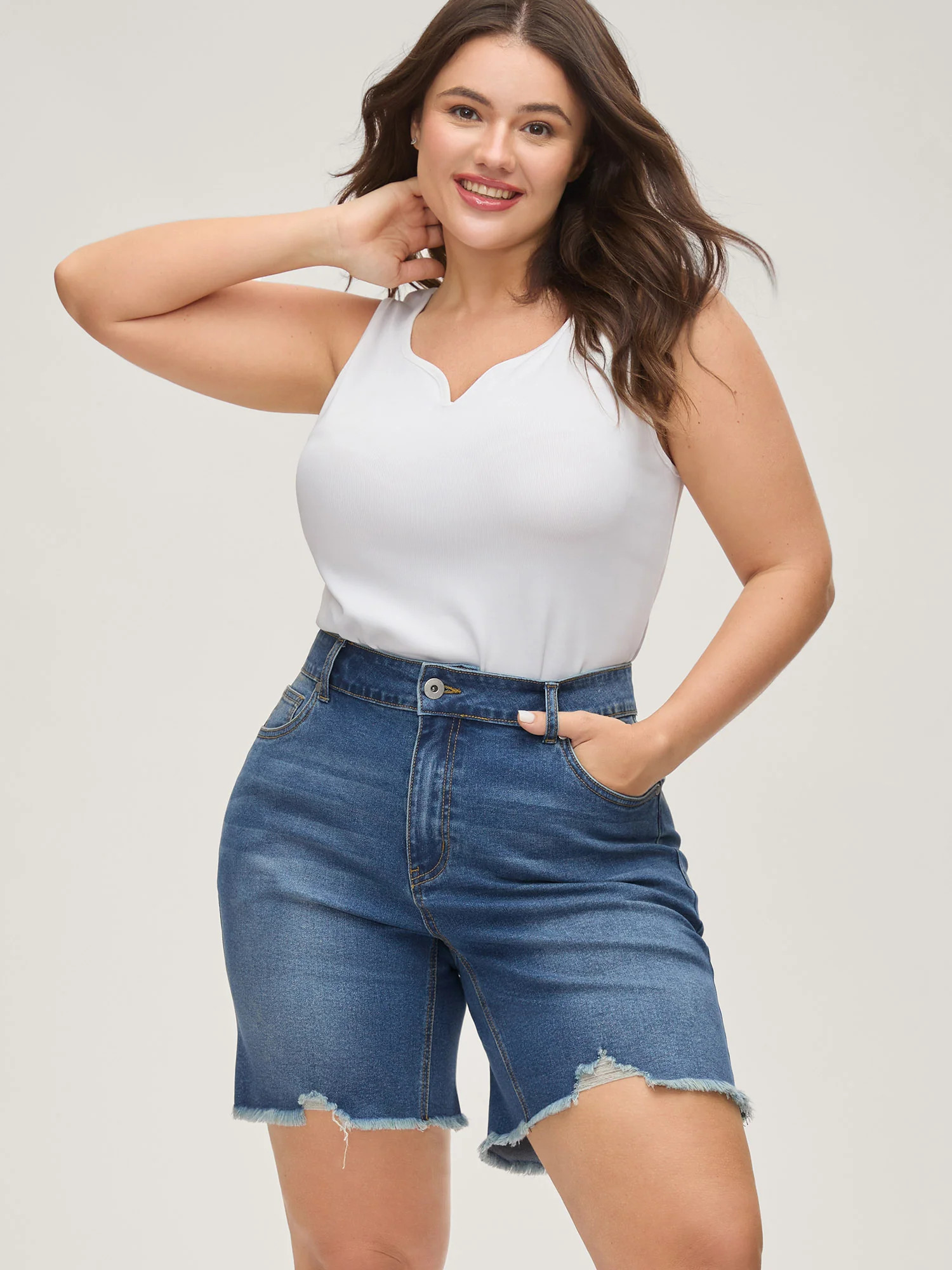 Stretchy Frayed Hem Straight Leg Denim Shorts | Bloomchic