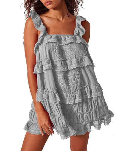 Gacaky Women's Summer Casual Sleeveless Rompers Ruffle Flowy Boho Sun Dress Loose Mini Dress with Built-in Shorts Gray S | Amazon (US)