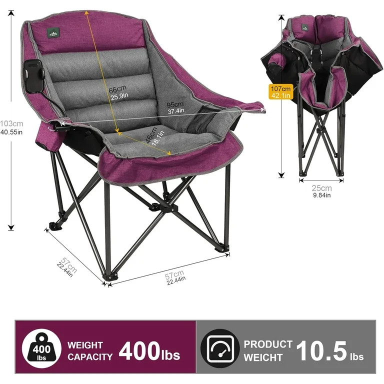 Oversized XL Padded Camping Chair w/Cell Phone Holder, Large Camp Chair, Foldable Lawn Chair w/Cu... | Walmart (US)